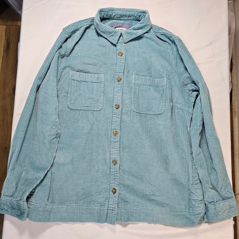 L.L.Bean‎ Corduroy Button Down Shirt Large Teal Blue Long Sleeve Casual